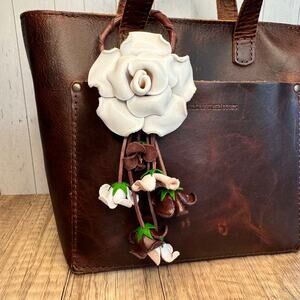 Leather White Rose Purse Charm Genuine Leather Flower Bag Charm NEW FAST SHIP